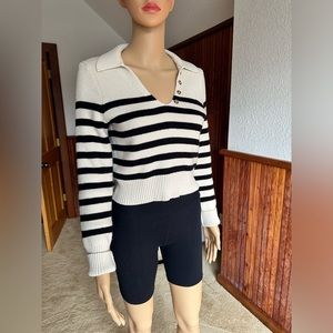 Polo Sweater V Neck Black White Stripes Size S